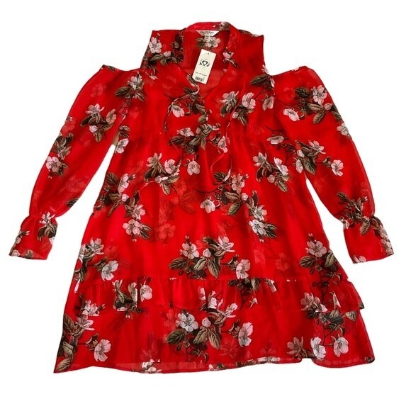 NWT Miss Selfridge Red Floral Cold Shoulder Mini Dress US 6 - Picture 1 of 8